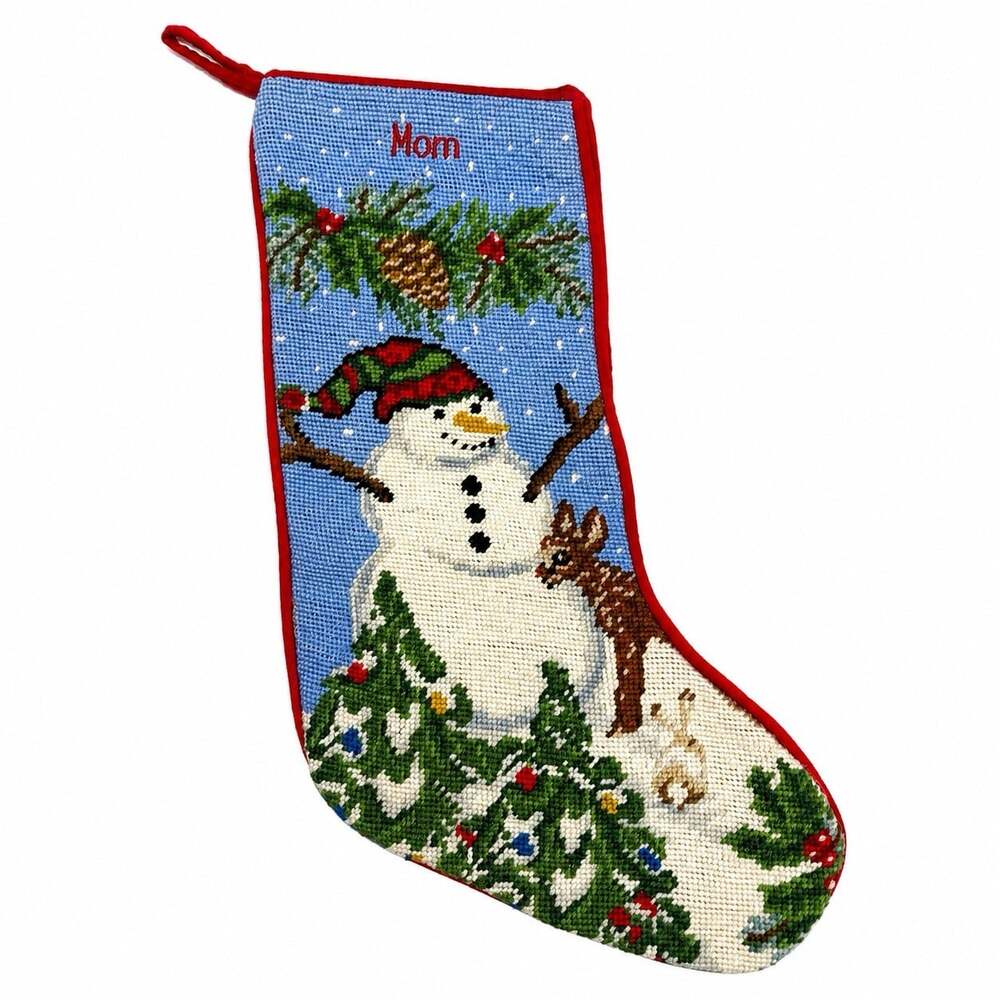 LL Bean Wool Needlepoint Snowman Christmas Stocking Red Velour Back “Mom”